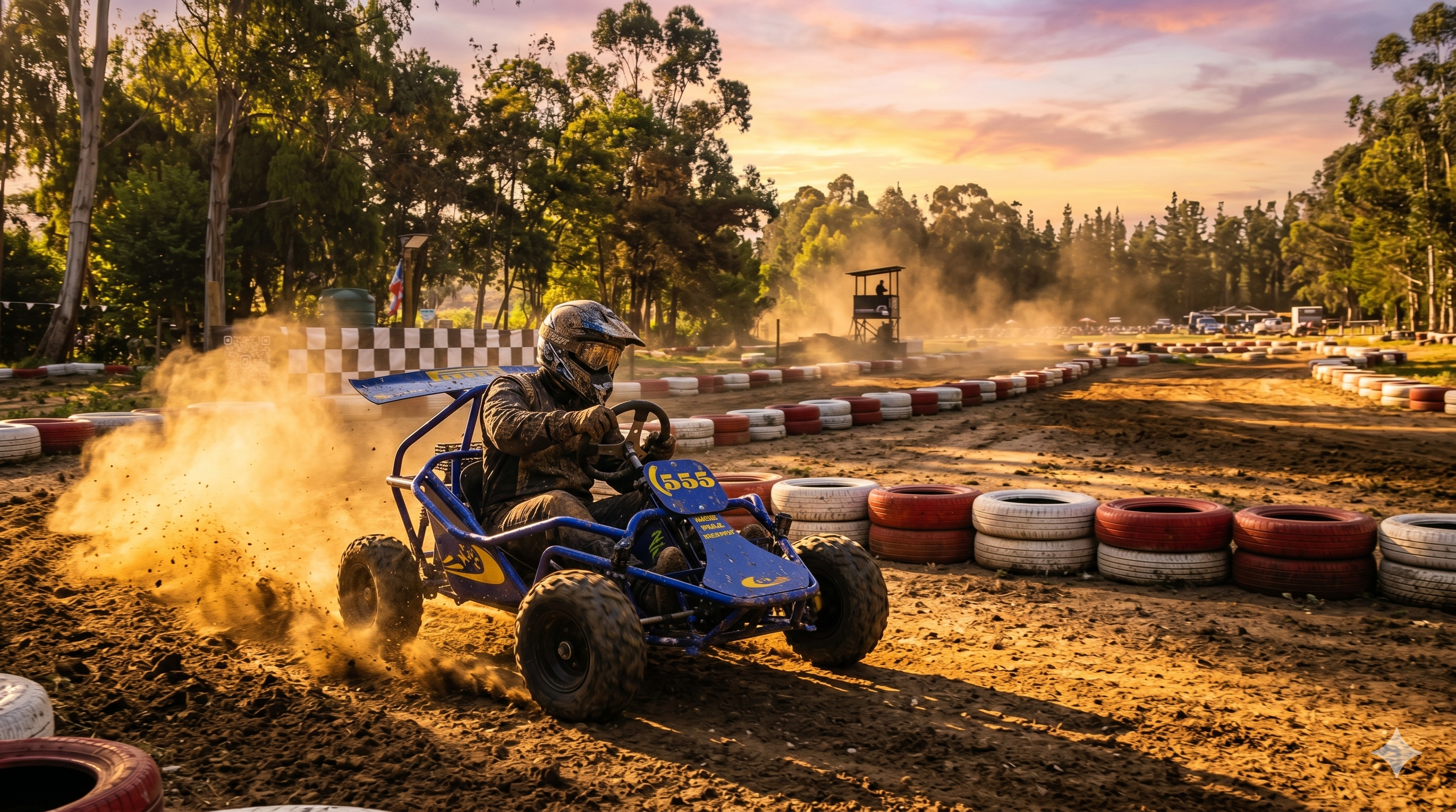 kart tubular azul en pista de tierra